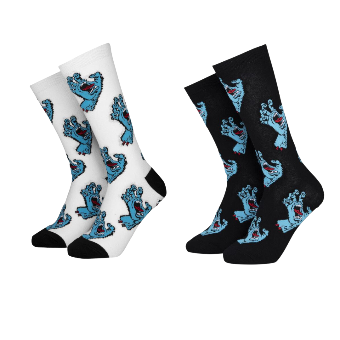 santa cruz screaming hand socks - black & white - 2 pack